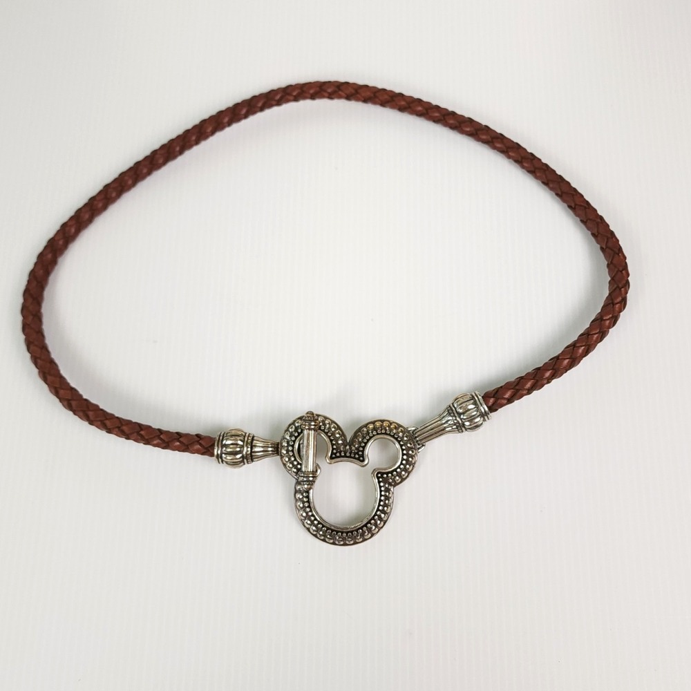 VTG Disney Brighton Lariat Belt Leather With Pewter Mickey Head And Toggle 90s